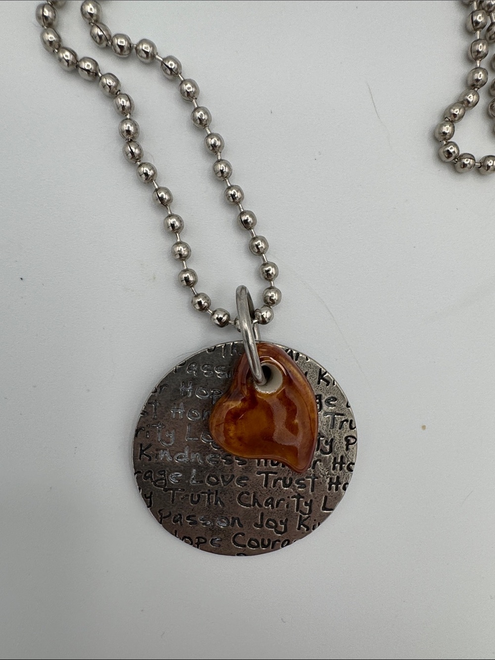 Silver Disc Necklace with Brown Enamel Heart Charm